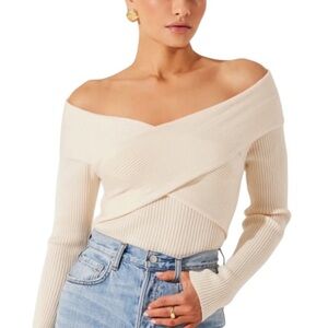 ASTR The Label Large Cream Ribbed Off The Shoulder Wrap Sweater